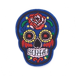 Dark Blue Computerized Embroidery Cloth Iron On Patches, Costume Accessories, Appliques, Sugar Skull, For Mexico Holiday Day of the Dead, Dark Blue, 72.2x53x1.9mm