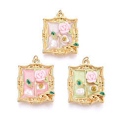 (52) Непрозрачная лаванда 304 подвески из нержавеющей стали и эмалированной смолы с имитацией жемчужного блеска, Прямоугольник с цветком, с целью перехода в кольце, ионное покрытие (ip), реальный 18 k позолоченный, разноцветные, 26.5~27x20x5.5 мм, отверстие : 2.8 мм
