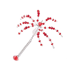 Красный Стеклянные подвески в виде паука на тему хэллоуина, с 304 цепями из нержавеющей стали, платина, красные, 95x76x20 мм, отверстие : 2 мм