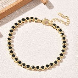 Negro Pulseras de eslabones redondos planos de latón con circonitas cúbicas engastadas, real 18 k chapado en oro, larga duración plateado, chapado en rack, sin plomo y el cadmio, negro, 6.69 pulgada (17 cm)