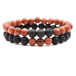 Камень с Пылевым Золотом 2шт. 2 модели браслетов из синтетического золотистого камня и натуральной лавовой породы с круглыми бусинами, эластичные, для пары, 7.48 дюйм (19 см)