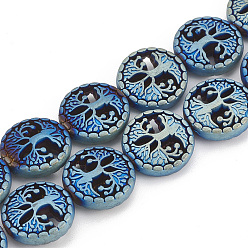 со Синим Покрытием Гальванизировать немагнитных синтетический гематит бисер пряди, матовый стиль, плоские круглые с дерева жизни, с покрытием синим, 12~12.5x4~4.5 мм, отверстие : 1 мм, около 32 шт / нитка, 15.74 дюйм