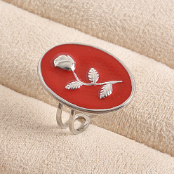 Нержавеющая Сталь Цвет Регулируемая манжета из нержавеющей стали с эмалированным покрытием, открытые кольца для женщин., овальные с розовым цветком, цвет нержавеющей стали, 304 мм, внутренний диаметр: 26 мм