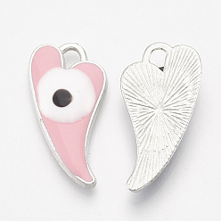 Pink Alloy Enamel Pendants, Heart with Evil Eye, Platinum, Pink, 25x13x4mm, Hole: 2.5mm