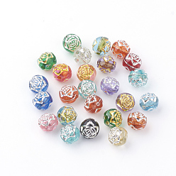 Mixed Color Plating Acrylic Beads, Metal Enlaced, Round with Flower, Mixed Color, 8mm, Hole: 1.5mm, about 1800pcs/500g