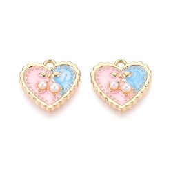 Pink Подвески из эмали и сплава, с ABS имитации жемчуга, сердце с вишневым шармом, золотые, розовые, 17.5x18x4 мм, отверстие : 1.8 мм