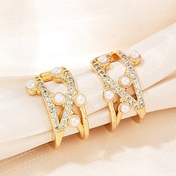 Золотой C-образные серьги-каффы из латуни с микропаве из прозрачных кубических цирконий, с пластиковой имитационной жемчужиной, золотые, 16.5x15x10 мм