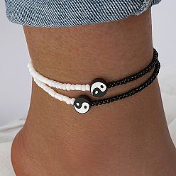 Черный 2шт. наборы эластичных браслетов на ногу из полимерной глины и стеклянных бусин инь-янь для женщин, чёрные, внутренний диаметр: 2-3/4 дюйм (70 мм)