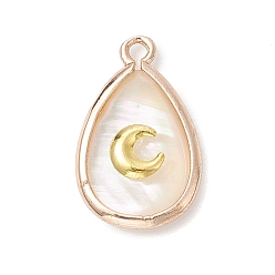 Луна Подвески-капли из натуральной раковины пауа, с латунными пластинами, белые, золотые, луна, 18x11.5x4 мм, отверстие : 1.6 мм