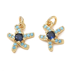 Starfish Ocean Brass Micro Pave Blue Cubic Zirconia Pendants, High Polished Sea Animals Charms, Golden, Starfish, 10x9.5x3.5mm, Hole: 2.5mm