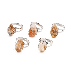 Цитрин Регулируемые кольца с натуральным цитрином в проволочной обмотке, латунная фурнитура с платиновым покрытием, самородки, Размер: 9, внутренний диаметр: 19~19.5 мм
