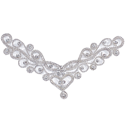 Silver Glass Hotfix Crystal Rhinestone Neckline Collar, Diamante Applique, Iron on Patches, with Brass Settings, for Bridal Wedding Dress, Silver Color Plated, 120x230x6mm