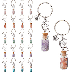 Смешанные камни 20 шт. 5 стили стеклянные подвесные брелки в виде бутылки с пожеланиями, с бусинами из натурального зеленого авантюрина, розового кварца, сердолика, аметиста и синтетической бирюзы внутри и железными разъемными брелоками, старинное серебро и платина, 8.1 см, 4 шт / стиль