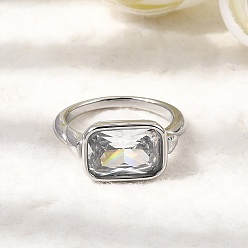 Нержавеющая Сталь Цвет 304 Кольца из нержавеющей стали с одиночными кубическими циркониями для женщин, прямоугольные, цвет нержавеющей стали, 14x10 мм, внутренний диаметр: 18 мм