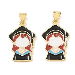 Human Graduation Season Brass Enamel Pendants, Long-Lasting Plated, Cadmium Free & Lead Free, Real 18K Gold Plated, Black, Graduation Girl Charm, 23.5x15x1.6mm, Hole: 4.3x3mm