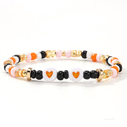 Разноцветный Эластичные браслеты из акрила, стекла и латуни на тему Хэллоуина для женщин, сердце, красочный, 6.89 дюйм (17.5 см)
