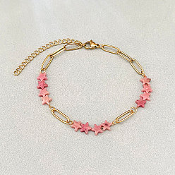 Rhodonite Natural Rhodonite Star Beaded Bracelets with 304 Stainless Steel Paperclip Chains, Golden, 6.30 inch(16cm)