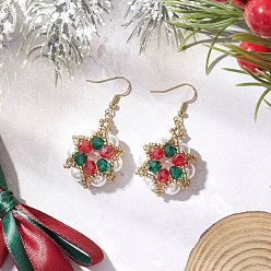 Разноцветный Серьги-подвески из цветочного стекла, ракушечного жемчуга и стеклянных семян, с  латунными крючками для серег, золотые, красочный, 53.5x26 мм