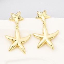 Морская звезда Латунь болтаться серьги, без кадмия и без свинца, реальный 18 k позолоченный, стойки покрытие, долговечный, морская тема, морская звезда, 45x27 мм