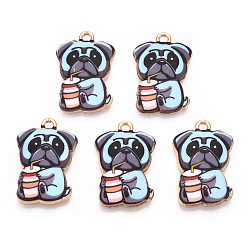 Slate Gray Printed Alloy Pendants, Light Gold,  Have Drink, Dog Charms, Slate Gray, 22.5x15x1.5mm, Hole: 1.6mm