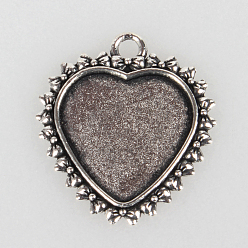 Antique Silver Tibetan Style Alloy Pendant Cabochon Settings, Cadmium Free & Lead Free, Heart and Bowknots, Antique Silver, Tray: 20x20m, 31x28x2mm, Hole: 3mm, about 285pcs/kg