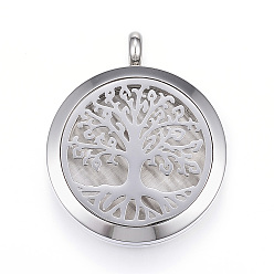 Mixed Color 304 Stainless Steel Diffuser Locket Pendants, with Perfume Pad and Magnetic Clasps, Flat Round with Tree, Mixed Color, 36.5~37x30x6.5~7mm, Hole: 5mm