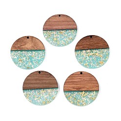 Средний Бирюзовый Подвески из непрозрачной смолы и орехового дерева, плоские круглые прелести, с блестящей пудрой и золотой фольгой, средне бирюзовый, 38x3~4 мм, отверстие : 2 мм