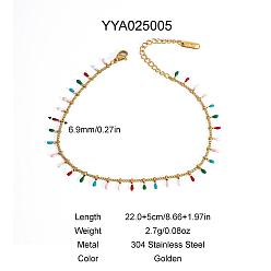 Настоящее золото 18K Элегантные 304 браслеты на лодыжку из нержавеющей стали с цветной эмалью в форме капли, реальный 18 k позолоченный, 8-5/8 дюйм (220 мм)