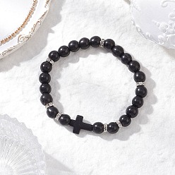 Черный Женские эластичные браслеты из синтетических бирюзовых бусин, крест и круглый, чёрные, внутренний диаметр: 2-1/8 дюйм (5.3 см)