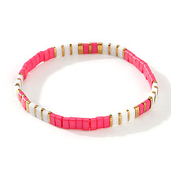 Ярко-Розовый Браслеты из стеклянного бисера в богемном стиле, эластичные, для женщин., прямоугольные, ярко-розовый, 6.30 дюйм (16 см) ~ 6.50 дюйм (16.5 см)