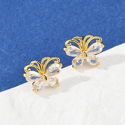 Золотой Серьги-гвоздики с бабочками из латуни с микропаве из прозрачных кубических цирконий, стойки покрытие, прочное покрытие, без кадмия и без свинца, золотые, 9x11.5 мм