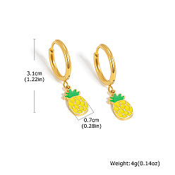 Pineapple 304 Stainless Steel Enamel Hoop Dangle Earrings, Golden, Pineapple, 31mm