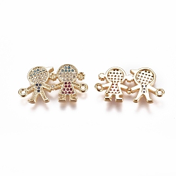 Золотой День Святого Валентина тема, Соединители из латуни с микропаве и кубическим цирконием, мальчик и девочка / любовник, красочный, золотые, 13.5x23.5x2 мм, отверстие : 1.2 мм