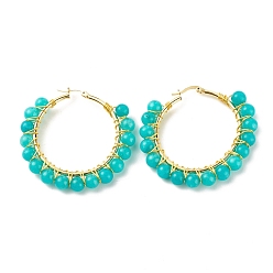 Нефрит Серьги-кольца из бисера из натурального нефрита для женщин, большие круглые серьги-кольца из настоящей позолоченной проволоки 18k, 47~49x51~52x6~6.6 мм, штифты : 1.4x0.4 мм