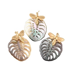 Golden Natural Black Lip Shell Pendants, Bees with Leaf Charm, with Ion Plating(IP) 304 Stainless Steel Findings, Golden, 29.5mm, Leaf: 30.5x27x1.5mm, Bee: 16x20.5x2mm, Hole: 2.4mm