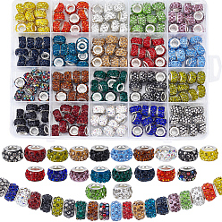 Couleur Mélangete 200pcs 20 couleurs perles européennes en argile polymère faites à la main en strass, Perles avec un grand trou   , rondelle, avec noyaux en laiton plaqué couleur argent, couleur mixte, 10~12x7~8mm, Trou: 5mm, 10 pcs / couleur