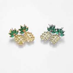 Mixed Color Brass Dangle Stud Earrings, with Cubic Zirconia, Pineapple, Long-Lasting Plated, Mixed Color, 25x12x4mm, Pin: 0.8mm