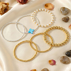 Небесно-голубой 6шт. 6 стильные браслеты из латуни с круглыми бусинами из искусственного жемчуга, эластичные, украшения в виде крестиков из натуральных ракушек для женщин, золотые и платиновые, голубой, 6.89 дюйм (17.5 см)