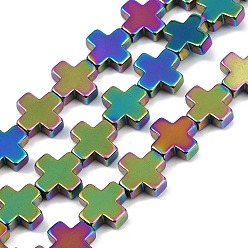 (966) Внутренний цвет Кристалл / Лиловато-лиловый на подкладке Гальванические нити из синтетических немагнитных гематитовых бусин, крестик, с покрытием цвета радуги, 8.5x8.5x3 мм, отверстие : 0.9 мм, около 48 шт / нитка, 16.02'' (40.7 см)