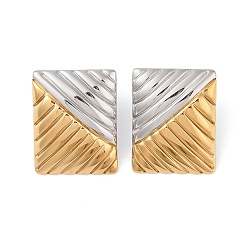 Golden & Stainless Steel Color 304 Stainless Steel Stud Earrings for Women, Stripe Rectangle, Real 18K Gold Plated & Stainless Steel Color, 31.5x24.5mm