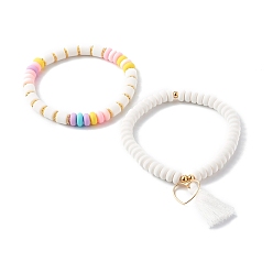 White Handmade Polymer Clay Beads Stretch Bracelets Sets, with Brass Beads & Pendants, with Tassels, Heart, White, Inner Diameter: 2~2-1/8 inch(5.2~5..5cm), 2pcs/set