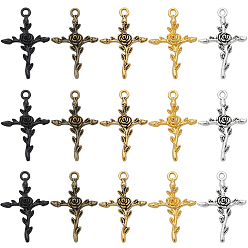 (52) Непрозрачная лаванда 50 шт 5 цвета подвески из сплава в тибетском стиле, крестик с розой, разноцветные, 34.5x23x3 мм, отверстие : 2.5 мм, 10 шт / цвет