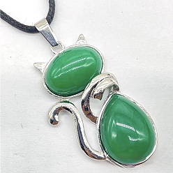 Green Onyx Agate Natural Green Onyx Agate(Dyed & Heated) Alloy Cat Shape Pendant Necklaces, Platinum, 23.62 inch(60cm)