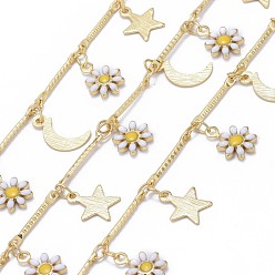 Real 18K Gold Plated Handmade Brass Bar Link Chains, with Enamel and Spool, Soldered, Long-Lasting Plated, Star & Moon & Flower Charms, Real 18K Gold Plated, 13x1.7x1.5mm, about 32.8 Feet(10m)/roll
