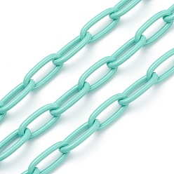 Medium Turquoise Eco-friendly Spray Painted Handmade Brass Paperclip Chains, Soldered, with Spool, Medium Turquoise, 17x8x2mm, 32.8 feet(10m)/roll