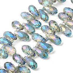 Зеленый газон Стеклянные бусины с гальваническим покрытием , с покрытием цвета радуги, граненые, слеза, Топ пробуренной, зеленый газон, 13x7x7 мм, отверстие : 1 мм, около 100 шт / нитка, 19.29'' (49 см)