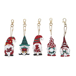Gnome Weihnachtsthema-DIY-Diamantmalerei-Schlüsselanhänger-Set, inklusive Acrylplatte, Schlüsselbundverschluss, Perlenkette, Harz-Strass-Tasche, Diamant klebriger Stift, Tablettplatte und Leimton, Gnom, 150x80 mm, 5 Stück / Set