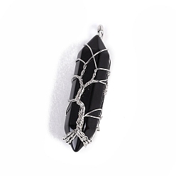 Obsidian Natural Obsidian Big Pendants, Platinum Tone Copper Wire Wrapped Bullet, Double Terminated Point Charms, 50x10x10mm
