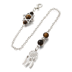 Тигровый глаз Круглые натуральные маятники для биолокации из тигрового глаза, с реечным покрытием, фурнитура из латуни и сплавов, плетеная сеть/паутина с перьями и звездой Давида, 248 мм