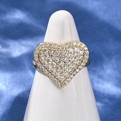 Прозрачный Открытые кольца манжеты из латуни с микропаве и кубическим цирконием, сердце, стойки покрытие, долговечный, без свинца и без кадмия, реальный 18 k позолоченный, прозрачные, размер США 7 1/4 (17.5 мм)